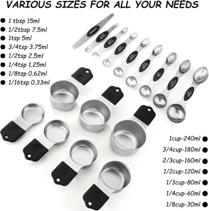 Magnetic Measuring Cups and Spoons Set of 16 Including 7 Stainless Steel Stackable Magnetic Measuring Cup 8 Magnetic Measuring Spoon with Leveler for Measuring Dry Liquid Ingredient