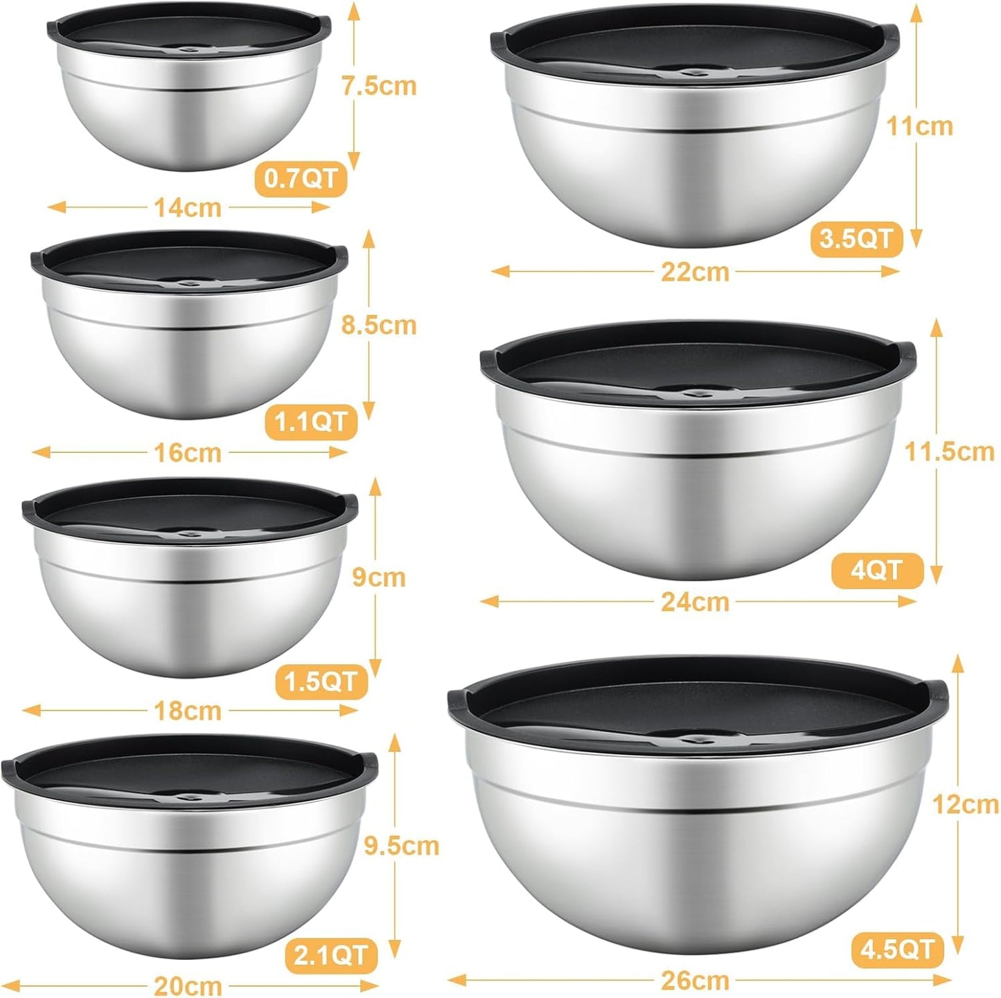 Hunnycook 7 Piece Mixing Bowls with Lids Set - Mixing Bowls Stainless Steel Bowls for Kitchen Baking, Size 0.7, 1.1, 1.5, 2.1, 3.5, 4, 4.5QT, Baking Bowl for Food Preparation, Mixing and Serving Foods