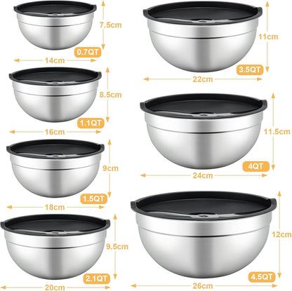 Hunnycook 7 Piece Mixing Bowls with Lids Set - Mixing Bowls Stainless Steel Bowls for Kitchen Baking, Size 0.7, 1.1, 1.5, 2.1, 3.5, 4, 4.5QT, Baking Bowl for Food Preparation, Mixing and Serving Foods