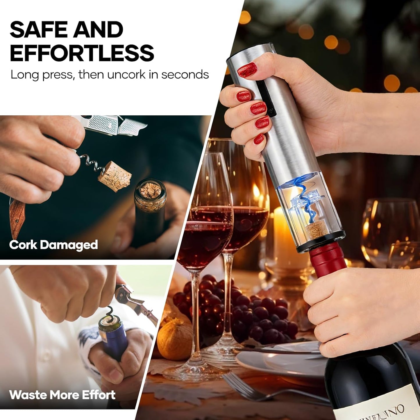 Crenova Electric Wine Opener, Rechargeable Wine Bottle Opener, Automatic Corkscrew with Vacuum Stopper, Aerator Pourer, Foil Cutter, Display Base, Gifts for Valentines Day New Home Wedding Birthday