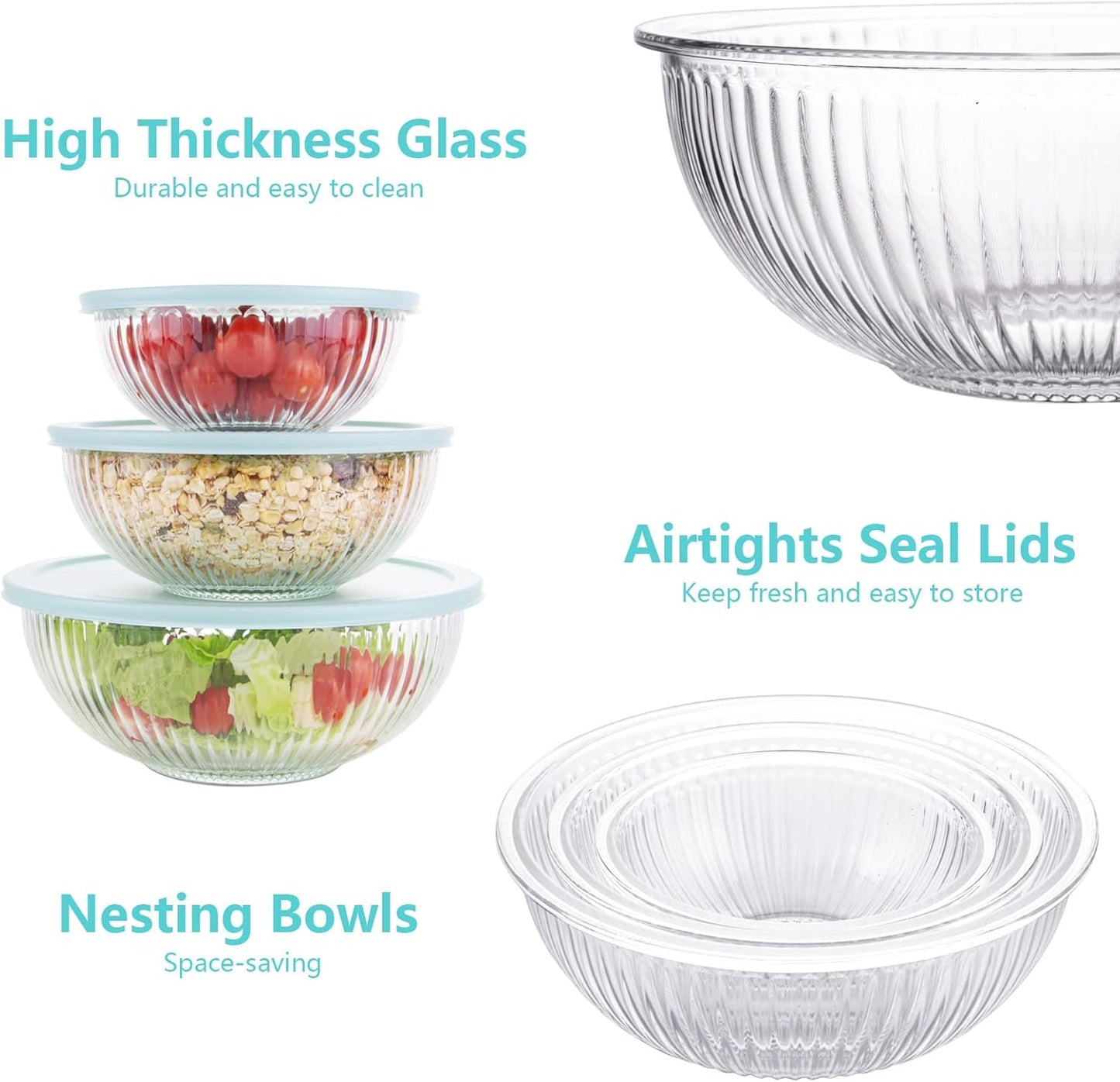 WhiteRhino Glass Mixing Bowls Glass Bowls with Lids Set(4.5QT,2.7QT, 1.1QT),Large Salad Bowls,glass mixing bowl Space-Saving Nesting Storage bowls for Cooking,Baking,Prepping,Dishwasher Safe