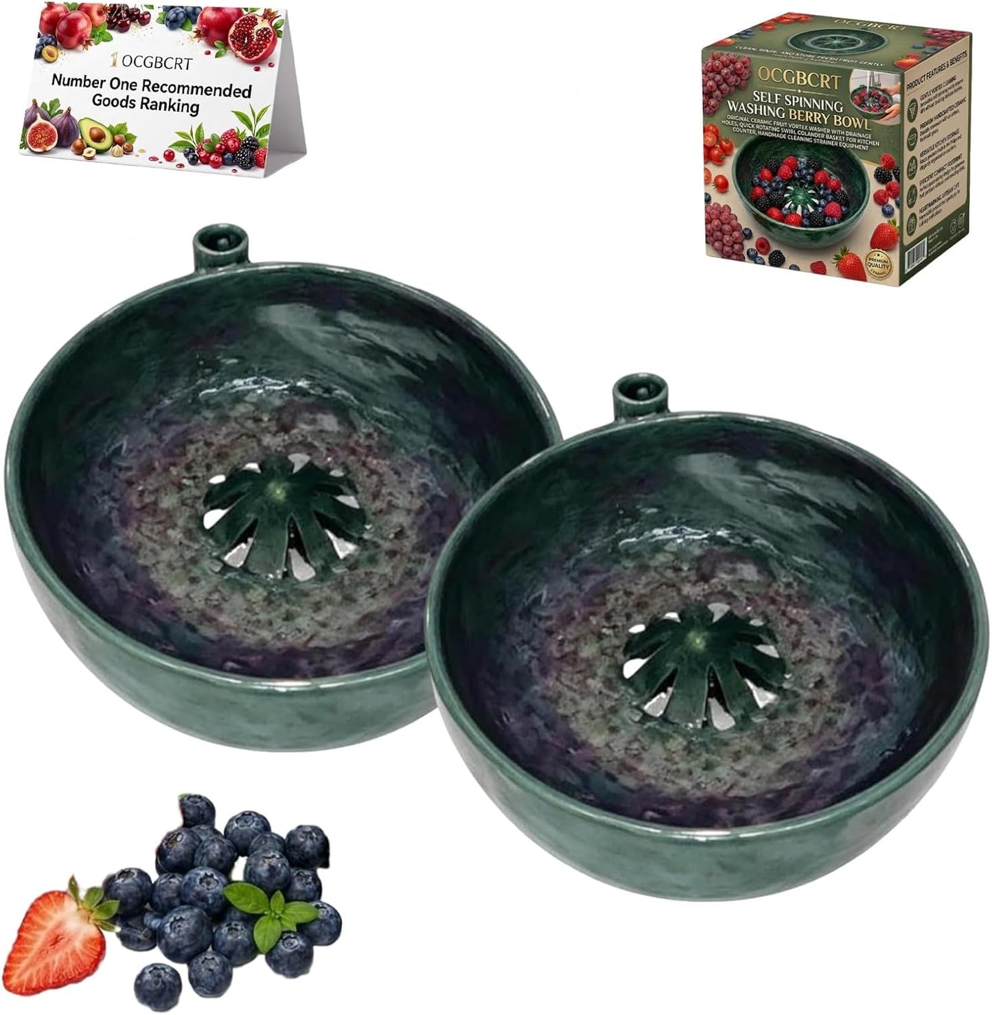 Self Spinning Washing Berry Bowl, Original Ceramic Fruit Vortex Washer with Drainage Holes, Quick Rotating Swirl Colander Basket for Kitchen Counter, Handmade Cleaning Strainer Equipment
