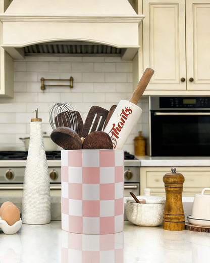 Checkered Kitchen Utensil Holder - 7.2" Ceramic Utensil Crock for Countertop, Kitchen Decor and Accessories for counte (Black)