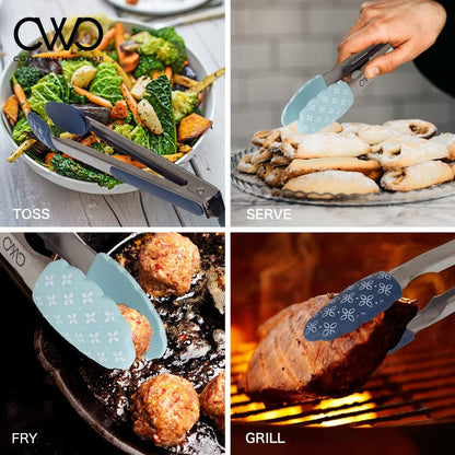 COOK WITH COLOR Stainless Steel Silicone Tipped Kitchen & BBQ Tongs Set, 3 Pc Utensils, Grey
