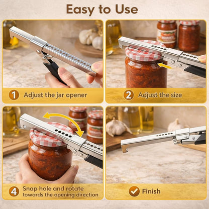 Comfort Grip Jar Opener for Weak Hands, 4 Pcs Kitchen Opening Set with Adjustable Multifunctional Stainless Steel Can Opener with Gripper & Mason Jar Lid Openers,Release Vacuum Seal,Arthritis Friendly