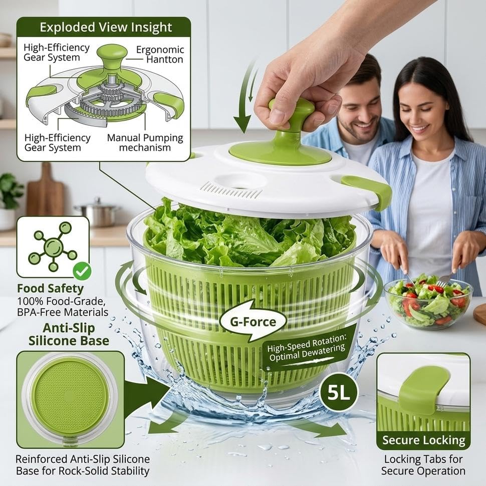 Salad Spinner-Lettuce Spinner | Best Fruit Washer with Spinner Bowl, Easy-Spin Handle, 5QT