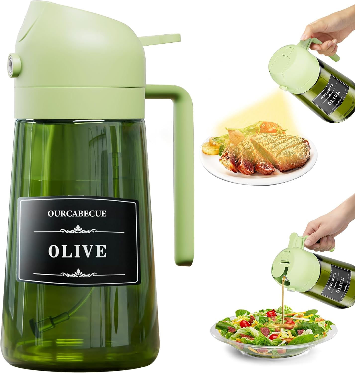 OURCABECUE 2 in 1 Olive Oil Sprayer for Cooking, 16oz/470ml Light-Blocking Dark Olive Oil Dispenser Bottle for Kitchen, Food-Grade Glass Oil Mister with 8 Oil Stickers