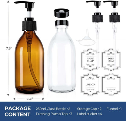 8 oz Amber Glass Pump Bottle, 250ml Glass Soap Dispenser Bottle for Body Lotion Massage Oil, Refillable Empty Hand and Dish Soap Dispensers Set with Labels - 2 Pack