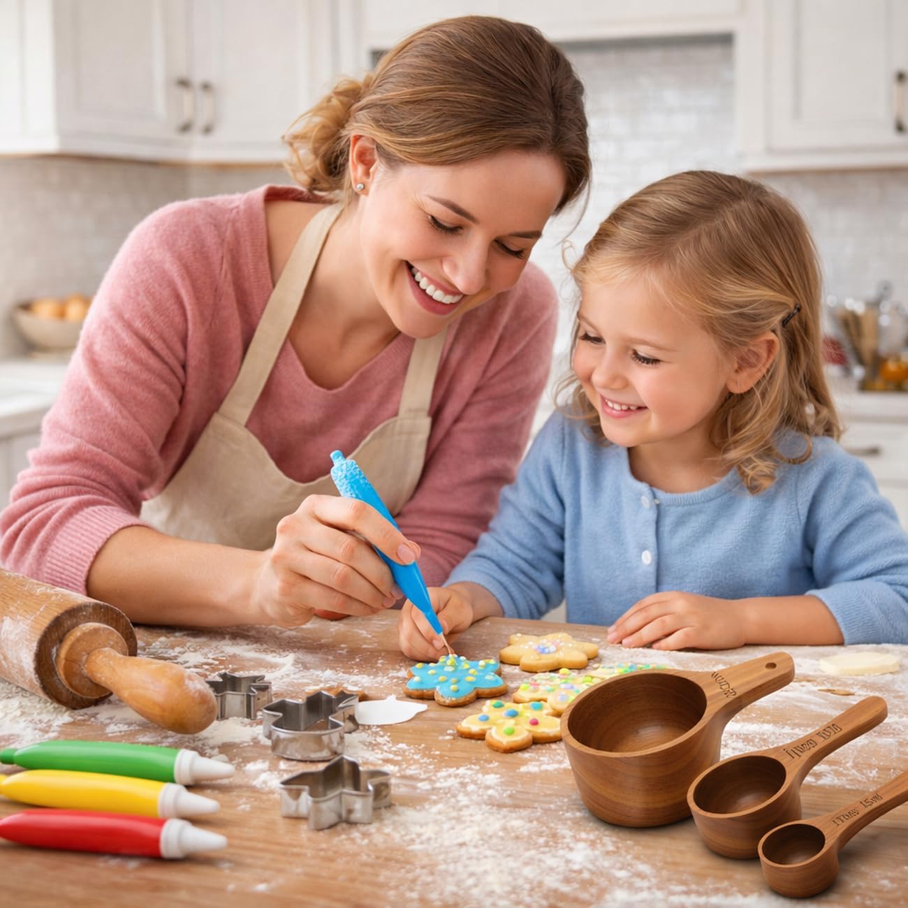 Wooden Measuring Cups and Spoons Set - Eco-Friendly Solid Acacia Wood, Laser Engraved Measurements, Perfect for Baking & Cooking - Ideal for Bakers, Chefs & Home Cooks（brown）
