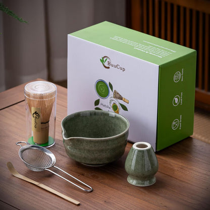 Buucup Matcha Set, Matcha Bowl with Spout, Matcha Whisk and Holder, Bamboo matcha Scoop and Stainless Sifter - 5 Pcs Jade Green Matcha Set Kit for Matcha Lover