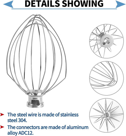 Stainless Steel 3 Piece kit Attachments，Dough Hook 6 Wire Whisk Flat Beater Compatible with KitchenAid 5 Plus -6QT Mixer，Bowl Lift Stand Mixer Accessory，Rust Resistant，Dishwasher Safe