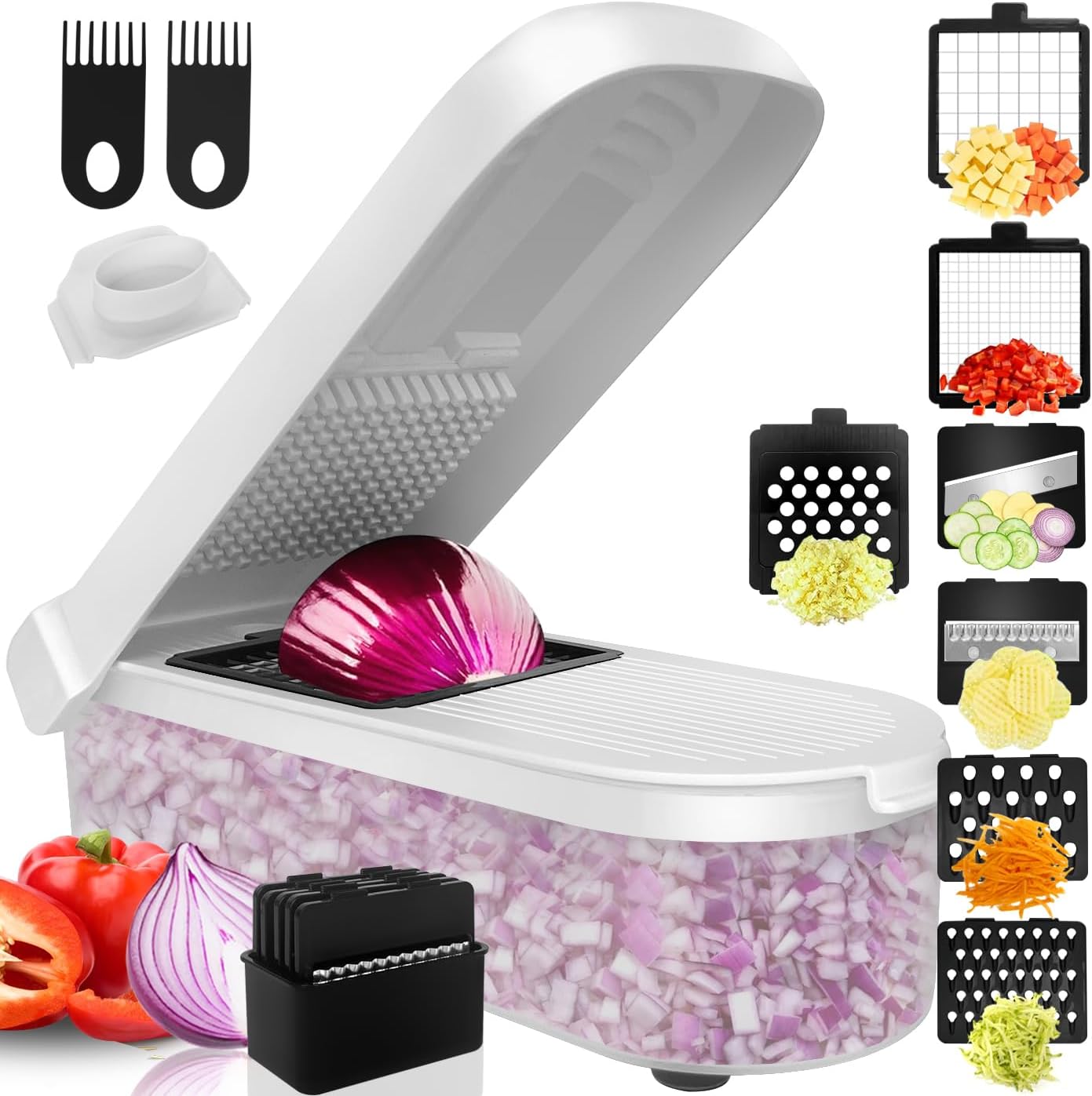 LHS Vegetable Chopper Multifunctional Food Chopper Onion Chopper Vegetable Slicer Dicer Cutter Potato Cutter Veggie Chopper with Container with Spiralizer (12 in 1, Black)