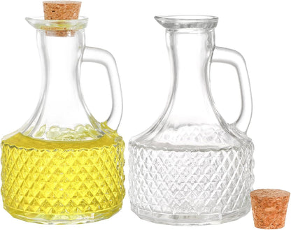 Frcctre 4 Pack Glass Oil and Vinegar Cruets Bottles, 13.5 Ounce Glass Olive Oil Dispenser Bottle with Handle and Cork, Soy Sauce Salad Dressing Syrup Liquid Dispenser for Kitchen