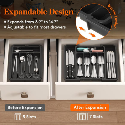 Lifewit Silverware Drawer Organizer, Expandable Utensil Tray for Kitchen, BPA Free Flatware and Cutlery Holder, Adjustable Plastic Storage for Spoons Forks Knives, 11-18 x 14", Black