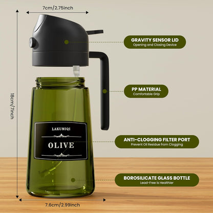 LAKUMIQI 2-in-1 Olive Oil Sprayer for Air Fryer – 16oz Glass Oil Dispenser & Cooking Oil Mister – Spray & Pour Bottle, Non-Aerosol, Leak-Resistant, for Salad, BBQ, Kitchen