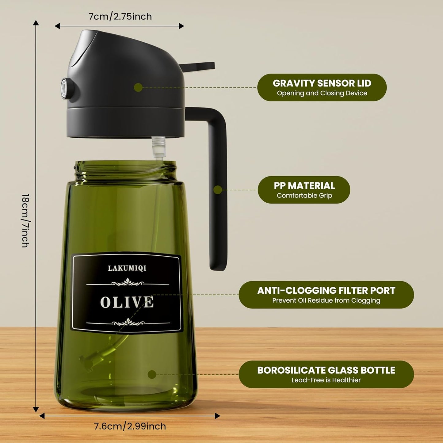 LAKUMIQI 2 in 1 Oil Sprayer for Cooking, 16oz Olive Oil Dispenser Bottle for Kitchen, Food Grade Light-Blocking Leak Proof Glass Spray Bottle for Salad, Air Fryer, BBQ