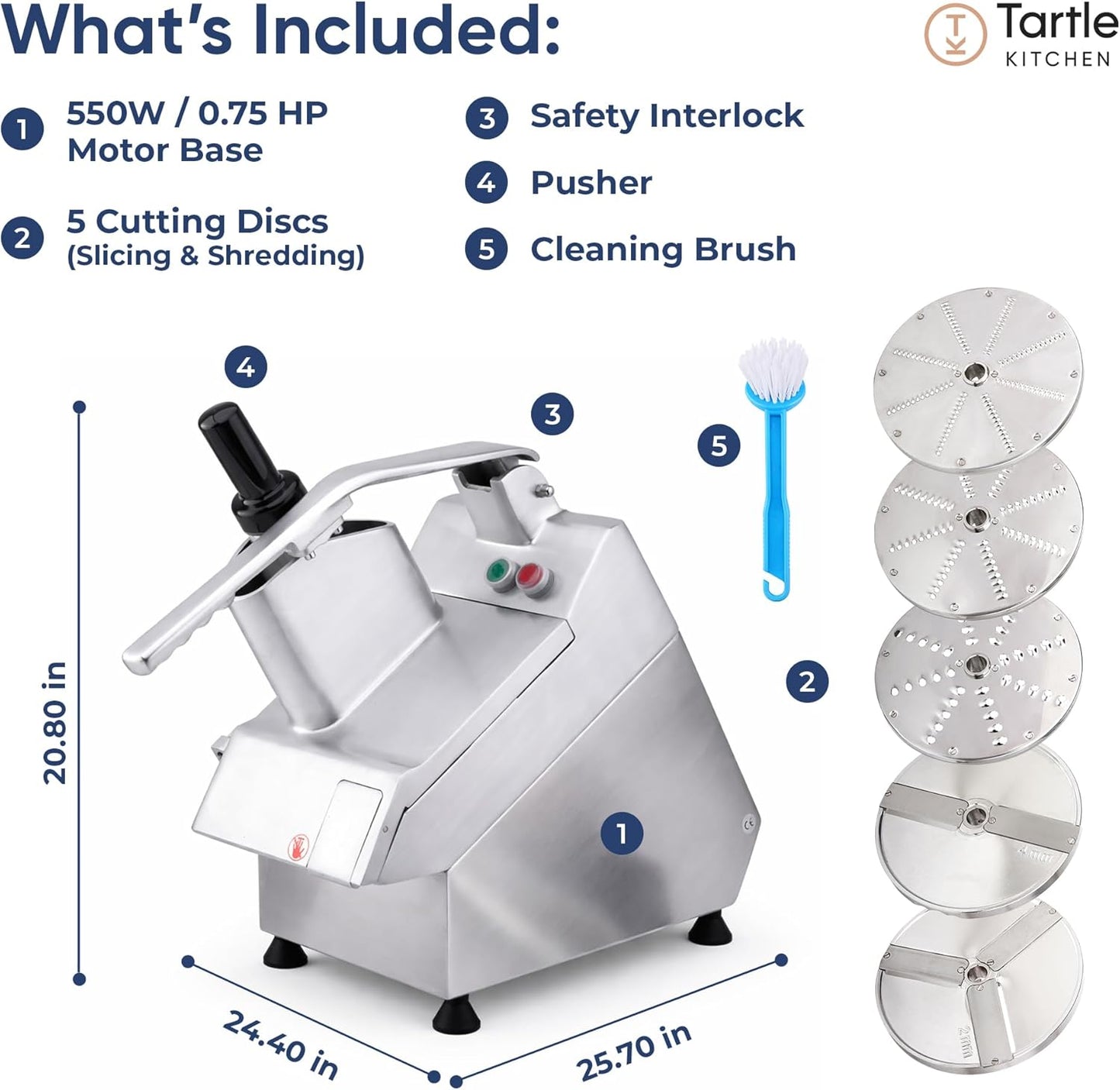 Tartle Kitchen 550W Electric Vegetable Chopper - Commercial Food Processor with Continuous Feed, Dual Feed Openings, 5 Discs for Slicing, Shredding, & Grating - Restaurant-Grade, NSF & ETL Certified