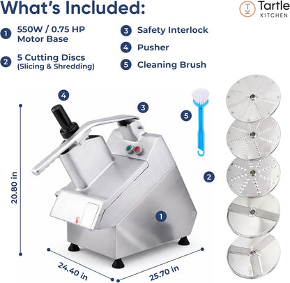 Tartle Kitchen 550W Electric Vegetable Chopper - Commercial Food Processor with Continuous Feed, Dual Feed Openings, 5 Discs for Slicing, Shredding, & Grating - Restaurant-Grade, NSF & ETL Certified