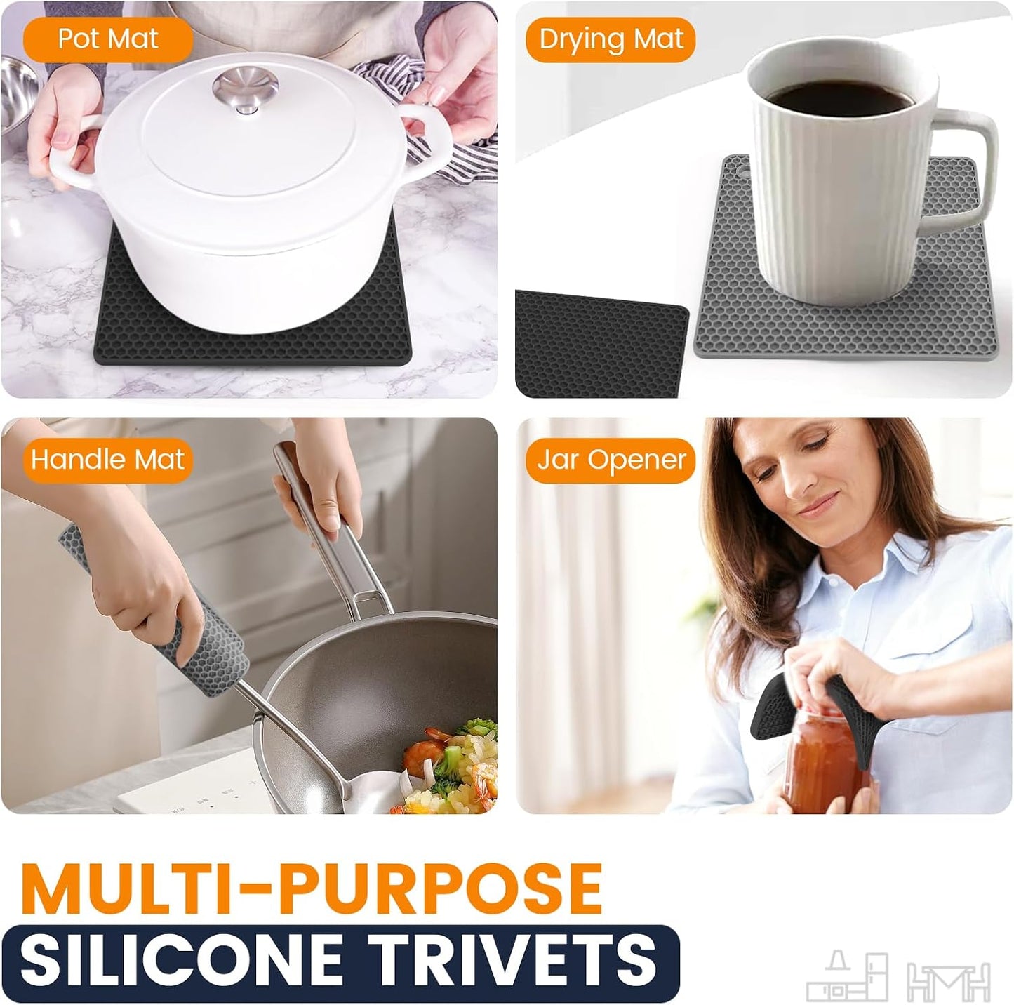 Silicone Trivet Mats 4 Heat Resistant Pot Holders Multipurpose Non-Slip Hot Pads for Kitchen Potholders, Drying mat, Jar Opener, Spoon Holder, Coaster.(Dark Grey)