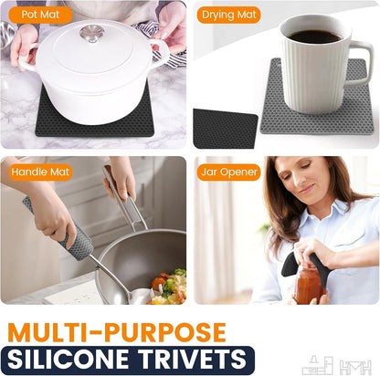 Silicone Trivet Mats 4 Heat Resistant Pot Holders Multipurpose Non-Slip Hot Pads for Kitchen Potholders, Drying mat, Jar Opener, Spoon Holder, Coaster.(Dark Grey)