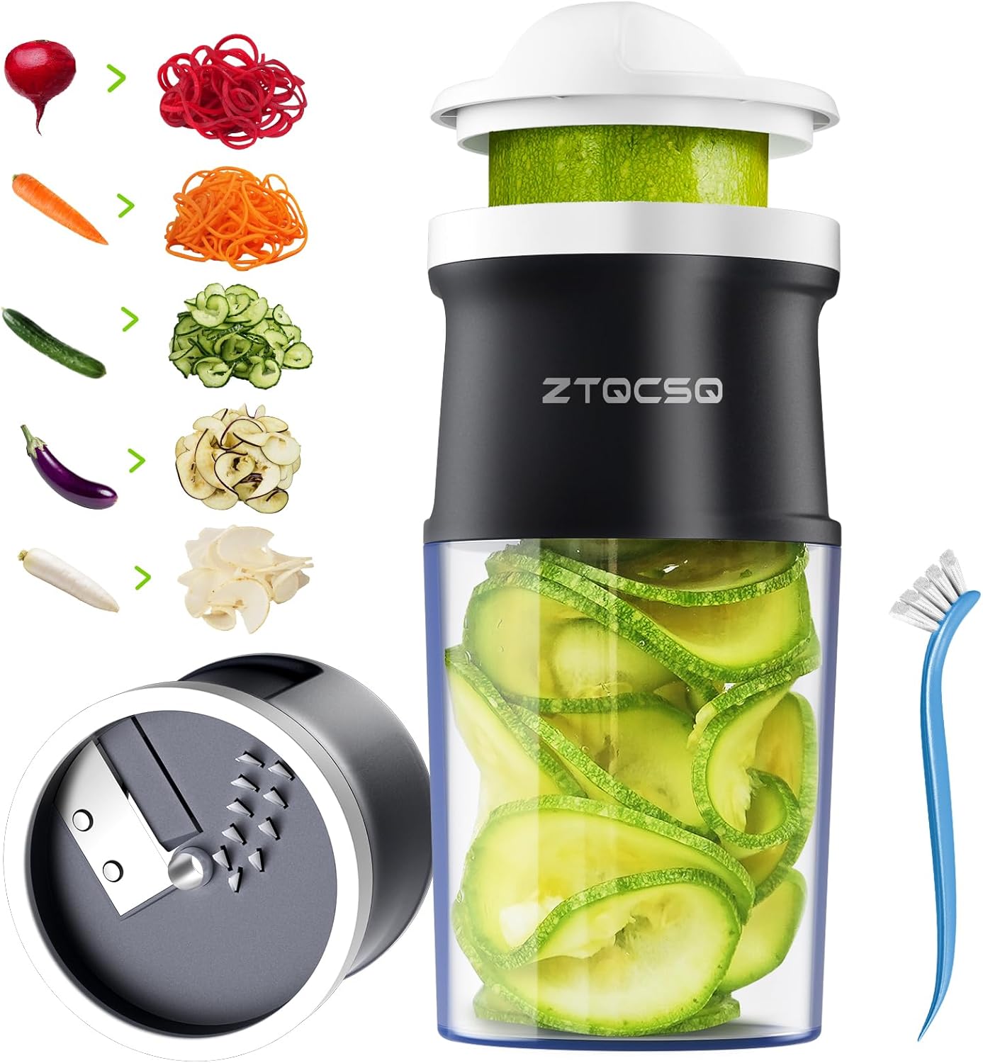 3 in 1 Vegetable Spiralizer Slicer, Adjustable Thickness 0-3mm, Zucchini Spiralizer Veggie Noodle Maker for Cucumber/Zoodle/Salad/Spaghetti/Pasta with Food Container, Cleaning Brush, Black