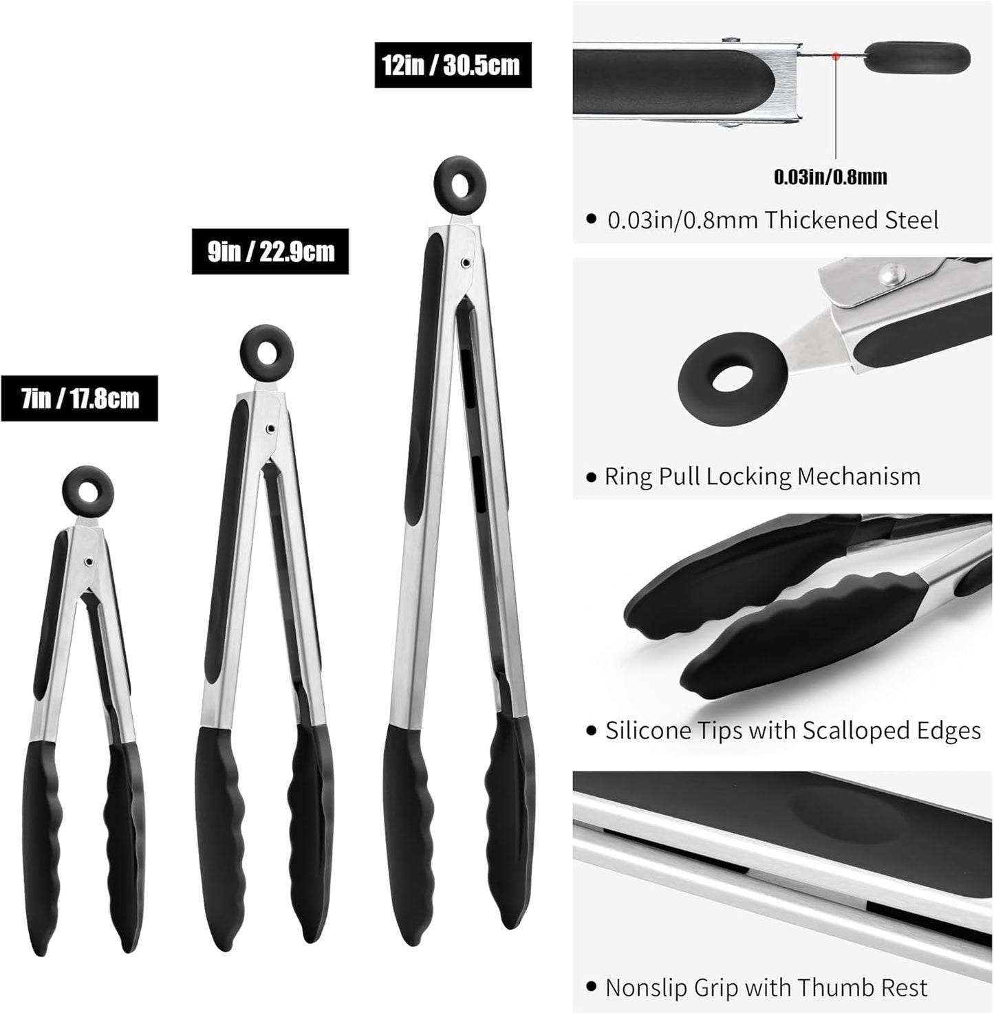 Doosu Kitchen Tongs for Cooking - 600°F Heat Resistant Food Tong Set with Non-Scratch Silicone Tips, Heavy Duty Stainless Steel Locking Tong for BBQ, Grilling Steak, Serving (7+9+12in, Navy Blue)