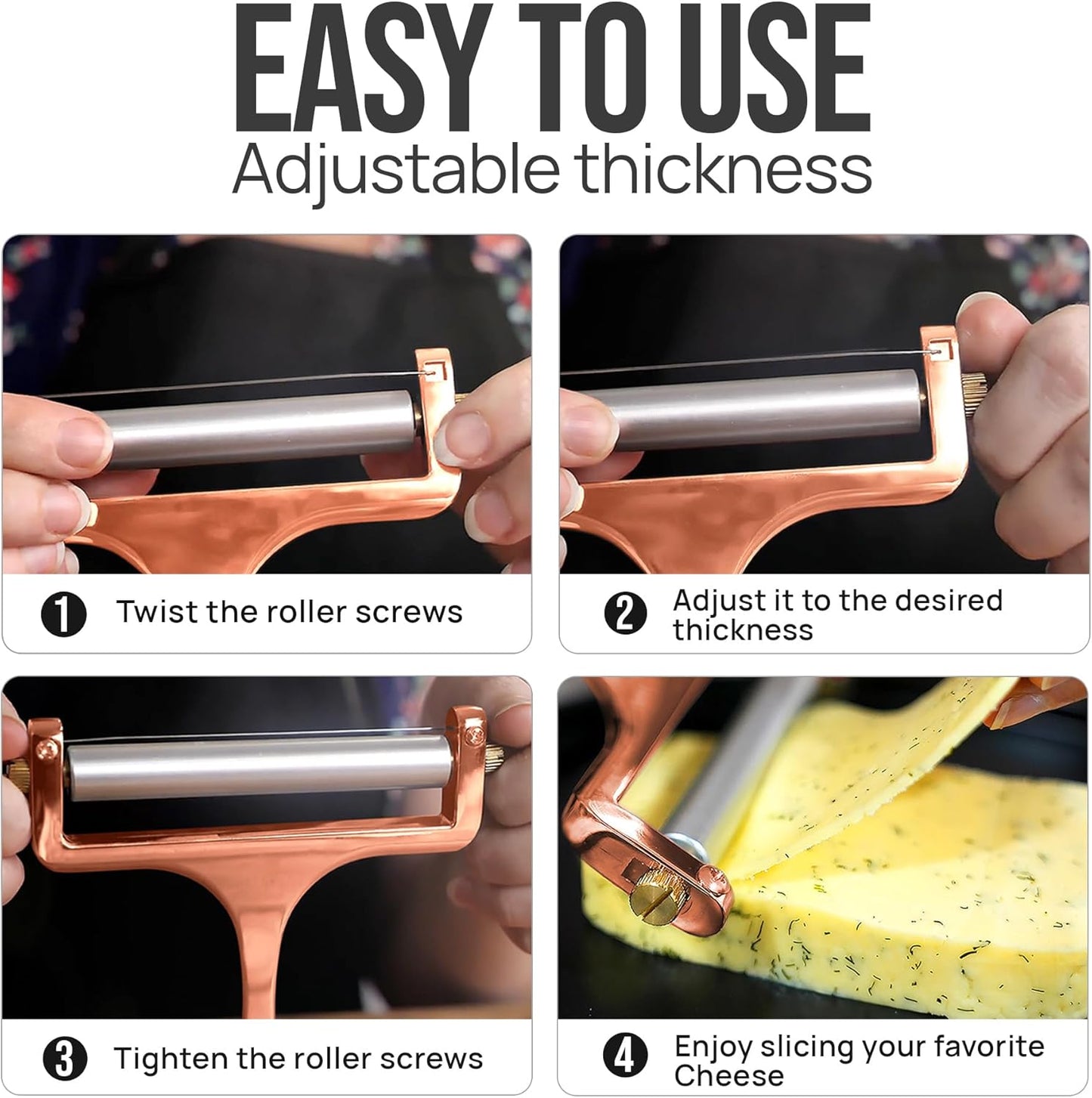 Zulay Kitchen Stainless Steel Wire Cheese Slicer - Adjustable Hand Held Cheese Cutter with 2 Extra Wires - Premium Cheese Shaver For Mozzarella, Cheddar, Gruyere - Cheese Cutter with Wire (Gunmetal)