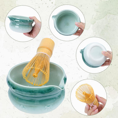 8 Pcs Matcha Whisk Set, Ceramic Matcha Japanese Tea Set Includes 16oz Bowl, Whisk and Holder, Bamboo Scoop and Spoon, Scoop Rest, Sifter and Towel, Green Glaze Making Kit for Tea Lovers