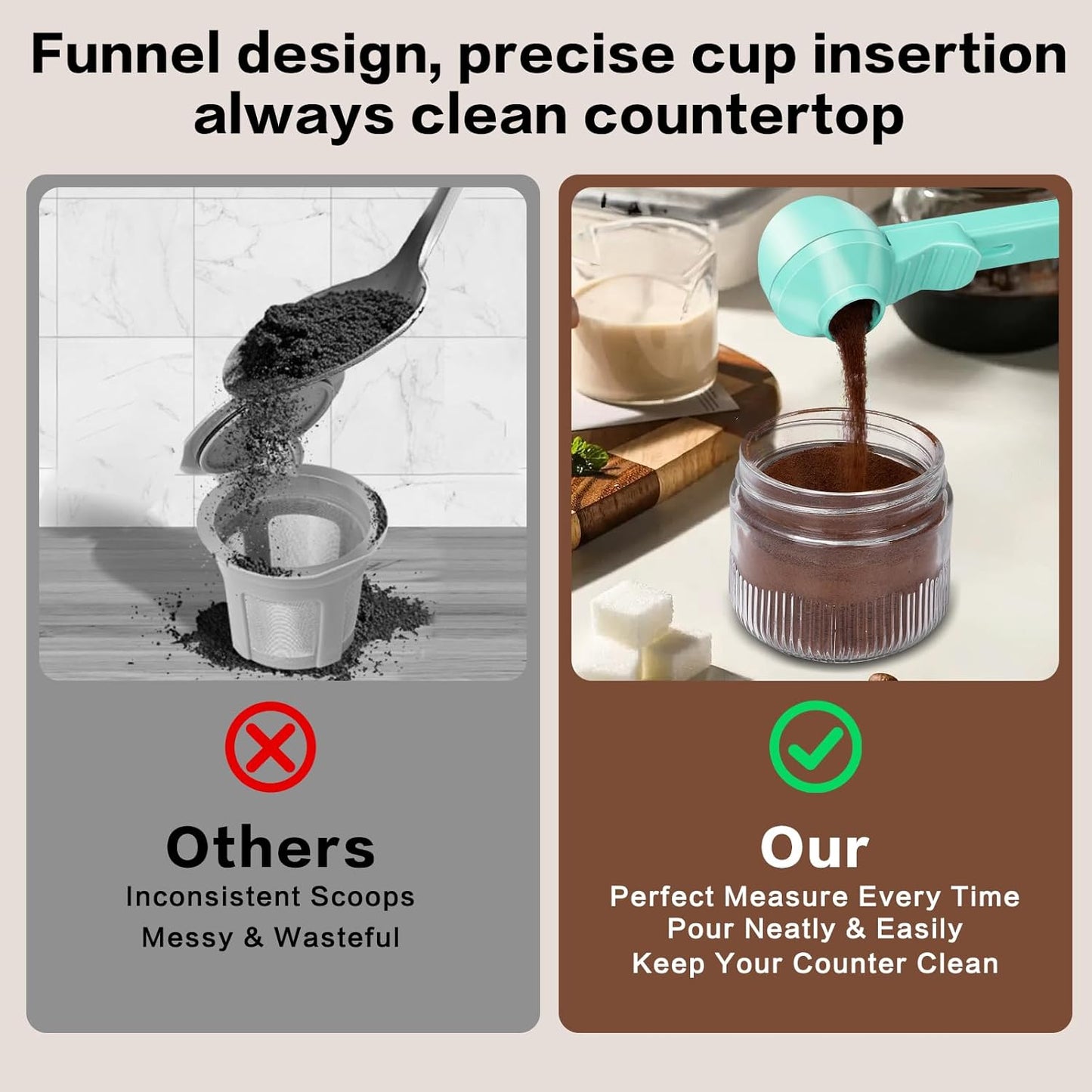 2-in-1 Coffee Scoop with Funnel, 2 Teaspoon Measuring Spoon for Reusable K Cups, Ground Coffee, Protein Powder & Tea, Mess-Free Plastic Design (Pink)
