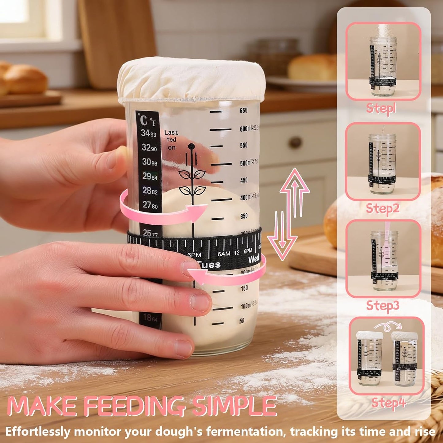 Sourdough Starter Kit for Beginners – Complete Sourdough Kit with Banneton Basket, Bread Lame with Blades, Starter Jar, Bread Stencil, Dough Scraper & Recipe Guide – Sourdough Bread Making Kit