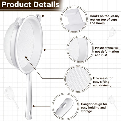 3 Pcs Plastic Nylon Mesh Strainer Colander with Handle Double Ear Fine Food Mesh Strainer Flour Sifter for Baking Kitchen Colander Sifter Kefir Tea Juice Pasta(3 Inch, 4 Inch, 5.5 Inch)