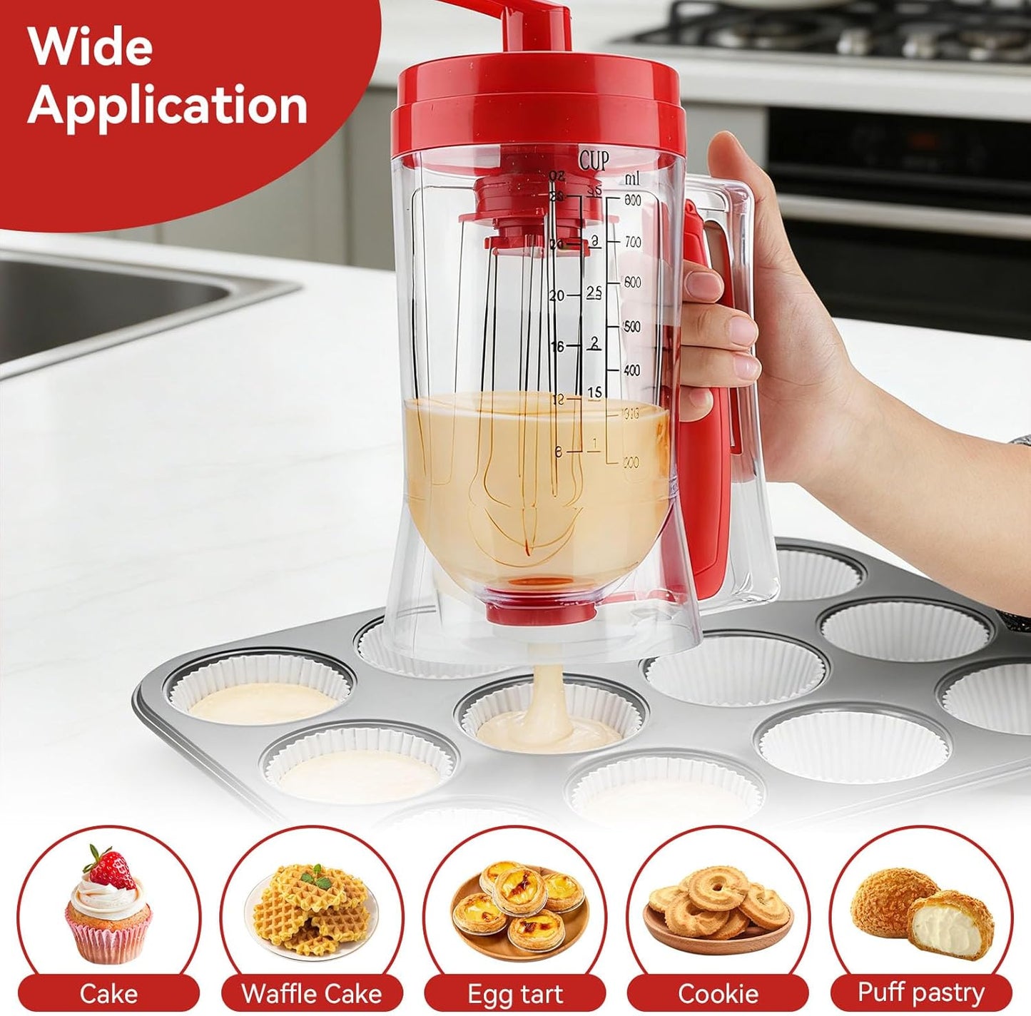 Pancake Batter Dispenser, Manual Pancake Cupcake Batter Mixer with Scale Hand Held Bakeware Maker Dispenser Blender Machine Baking Tool for Muffins Crepes Cake Waffles