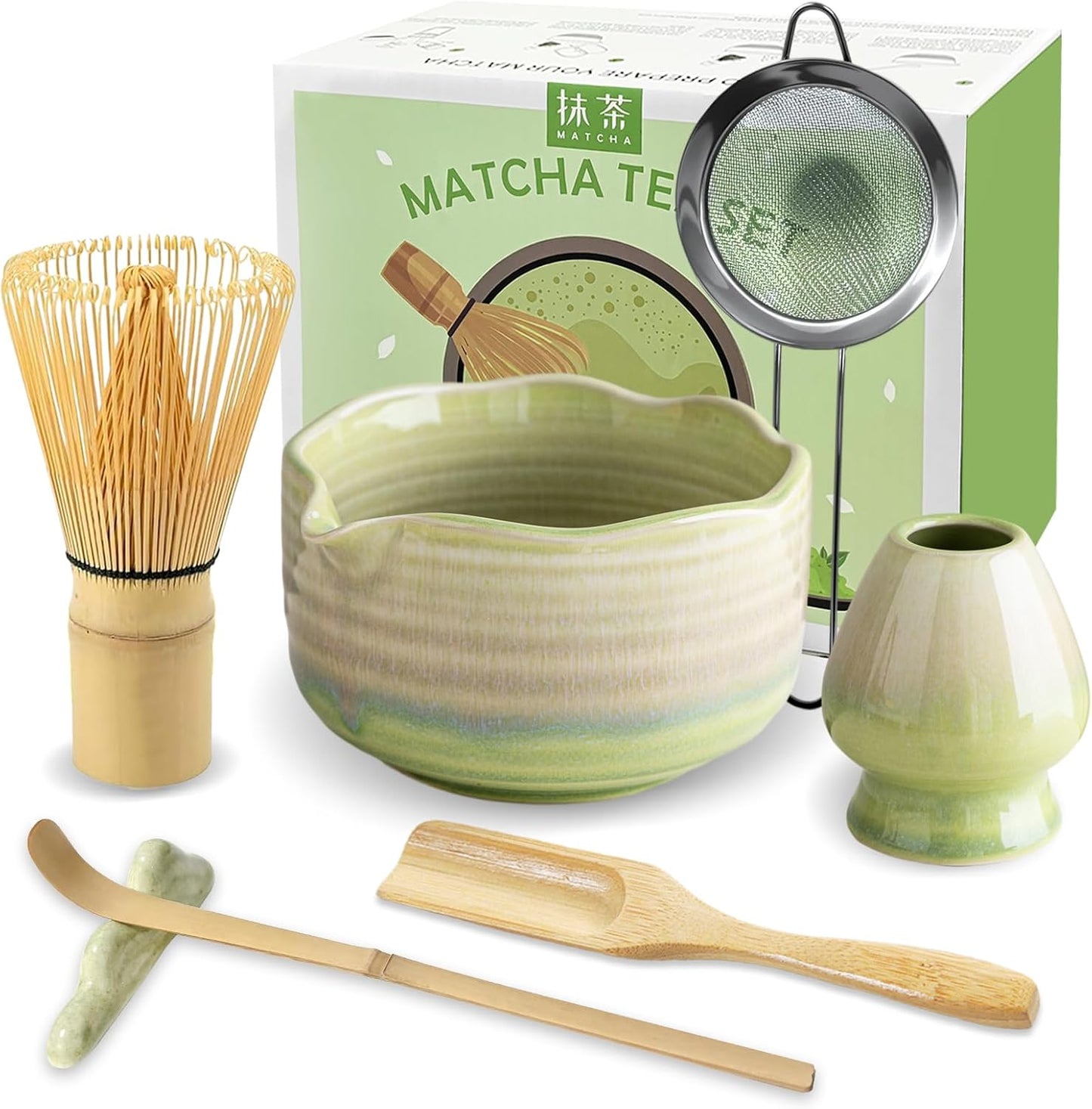 JBER Matcha Whisk Set, Ceramic Matcha Set Includes Bowl & Holder, Bamboo Whisk (Chasen), Sifter, Scoop, Spoon & Rest - 7PCS Matcha Kit Gift for Matcha Lovers & Beginners, Gradient Pink