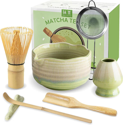 JBER Matcha Whisk Set, Ceramic Matcha Set Includes Bowl & Holder, Bamboo Whisk (Chasen), Sifter, Scoop, Spoon & Rest - 7PCS Matcha Kit Gift for Matcha Lovers & Beginners, Gradient Pink