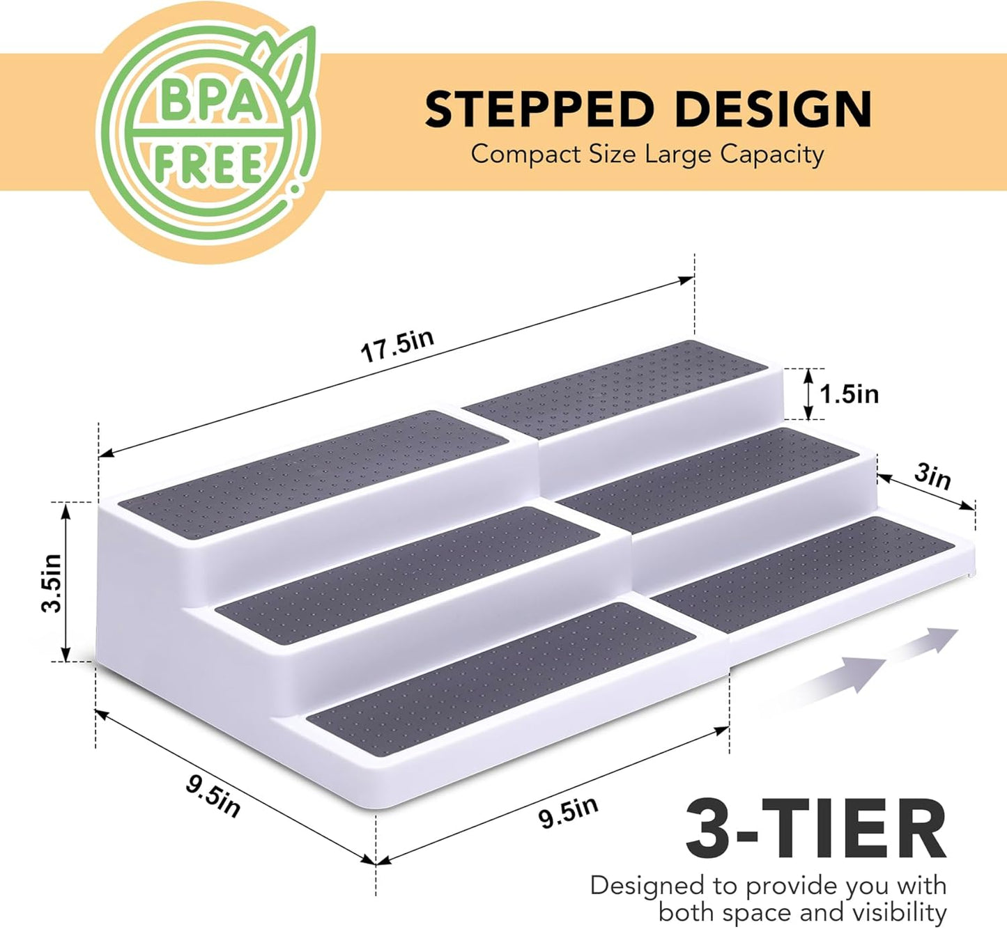 CiWiVOKi 3 Tier Expandable Spice Rack Organizer, White/Grey Plastic Spice Rack, Adjustable Length 14.6In-25.8In, 2 Pack Non-Skid Tiered Spice Shelf Organizer for Kitchen Cabinet, Cupboard, Pantry
