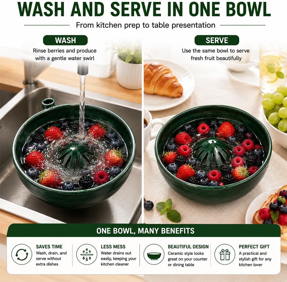 Self Spinning Berry Washing Bowl Ceramic with Drain Holes, Automatic Berry Wash Bowl for Fruits & Vegetables (1PC)