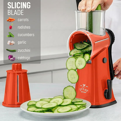 Zulay Kitchen Rotary Cheese Grater 5 Blade Cheese Shredder - Manual Hand Crank Cheese Grater With Reinforced Suction & 5 Interchangeable Drums - Easy to Use, Vegetable Chopper Round Mandoline Slicer - Colors A