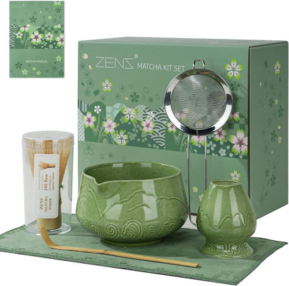 ZENS Pink Matcha Set, Matcha Whisk Set Includes 15oz Ceramic Bowl & (Chasen Holder), Bamboo Whisk & Scoop, Sifter and Pink Tea Towel, 6pcs Matcha Kit for Matcha Lovers