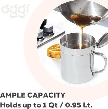 Oggi Stainless Steel Jumbo Grease Container with Removable Strainer and Snug Lid. Perfect container for fryer oil, bacon drippings, lard and ghee oil. Large capacity can - 1 Gall / 4 Qt / 3.75 Lt