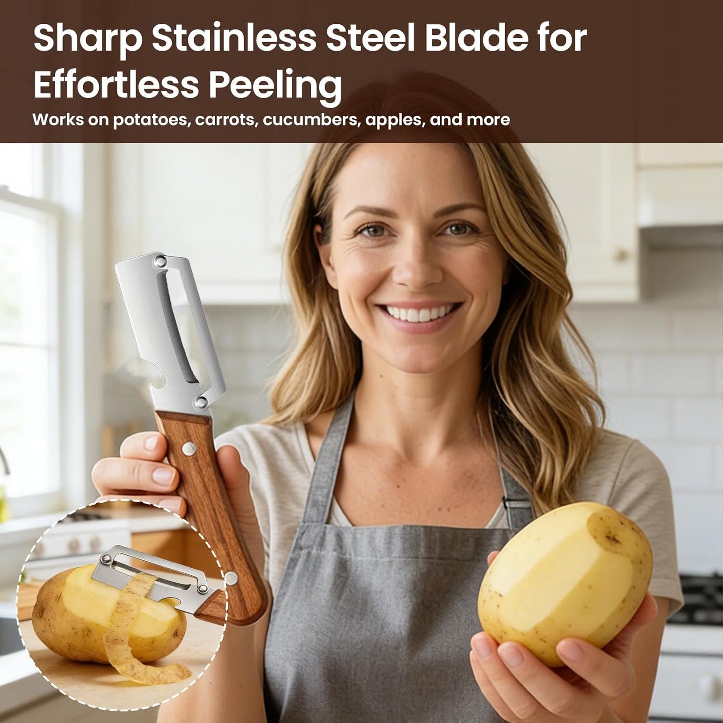 Sakerplus Multifunctional Vegetable Peeler, 2-in-1 Potato Peeler with Wooden Handle, 420 Stainless Steel Swivel Blade and Built-In Bottle Opener for Apples, Carrots and More (2)
