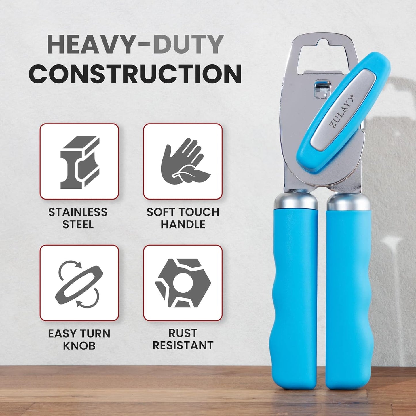 Zulay Kitchen Heavy Duty Stainless Steel Can Opener Manual with Bottle Opener - Rust Proof Manual Can Opener With Turn Knob & Comfy Soft Grip Handles - Cherry Red - Colors A