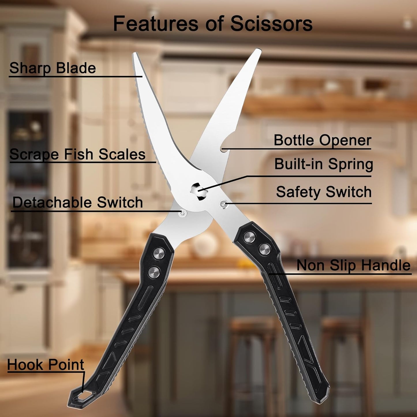 Heavy Duty Kitchen Poultry Shears - Professional Food Scissors for Spatchcocking Chicken, Cutting Raw Meat & Poultry Bones, Thick Steel Blades, Spring-Loaded, Dishwasher Safe Black