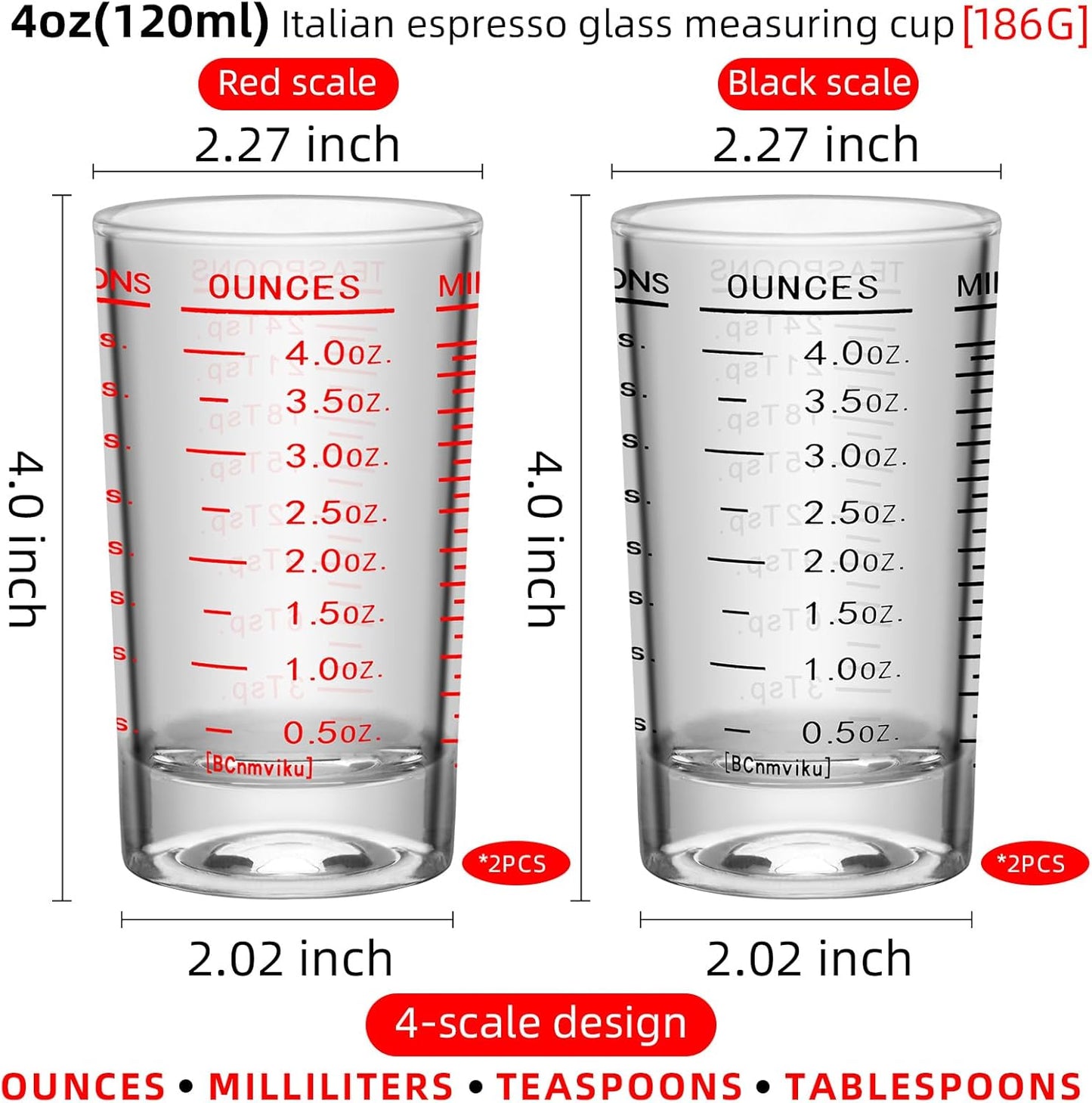 2Pcs Shot Glass Measuring Cup, 4 Ounce Heavy Base Jigger, Espresso Shot Glasses, Liquid Cup, Round Shot Glasses, Small Cups for Vodka, Whiskey, Tequila, Espresso, Liquor (2, Red)