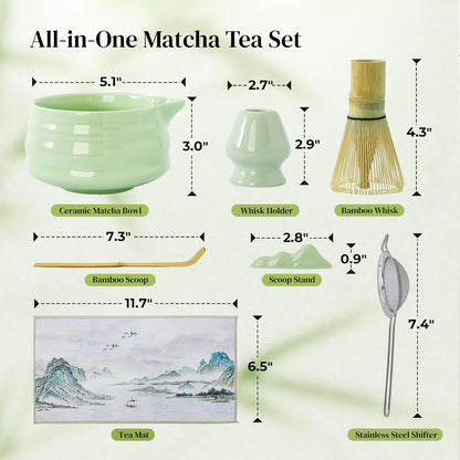 DOWAN Matcha Whisk Set, 7 Pcs Matcha Set Includes Bowl with Spout, Whisk and Holder, Bamboo Scoop and Holder, Sifter and Tea Towel - Matcha Kit Gift for Lovers Beginners (Pink)