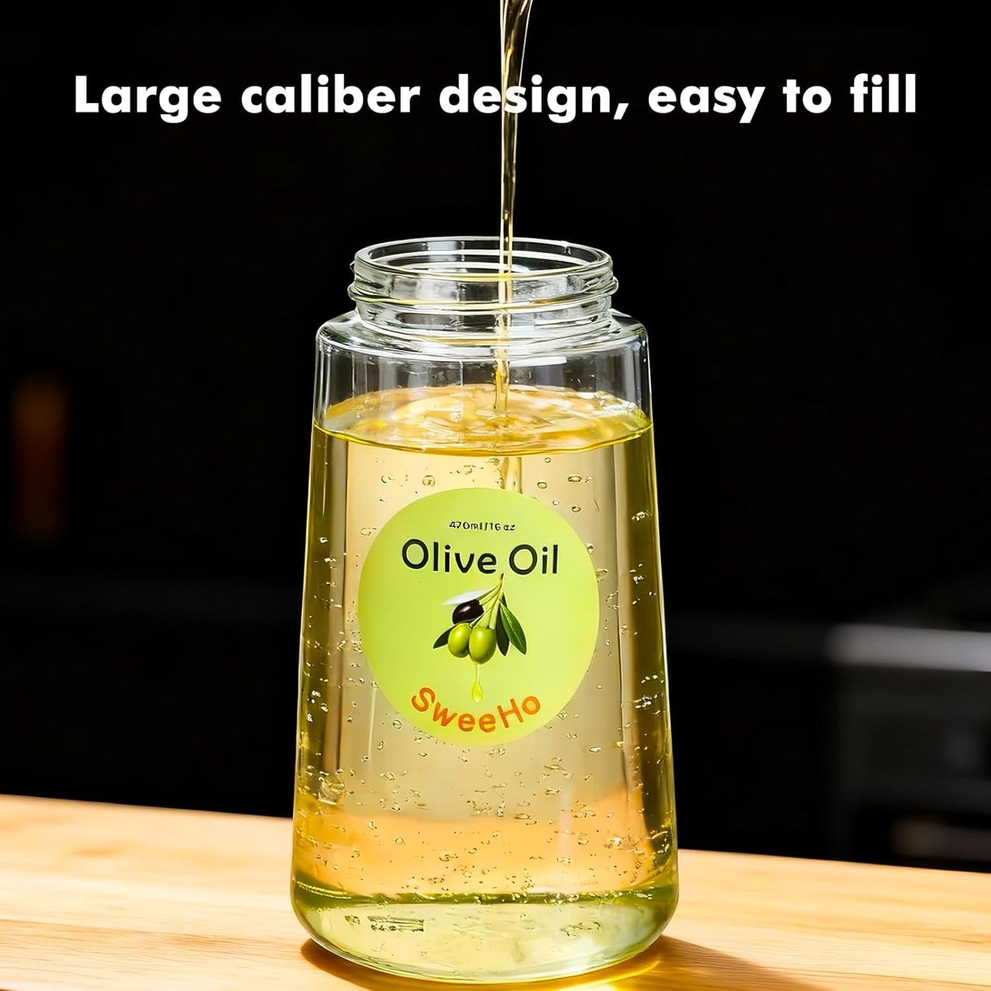 Oil Sprayer for Cooking,470ml Cooking Olive Oil Sprayer and Oil Dispenser 2 In 1, Food-grade Glass Oil Spray Bottle Mister for Air Fryer, BBQ, Griddle (Black+dark green glass and color label)