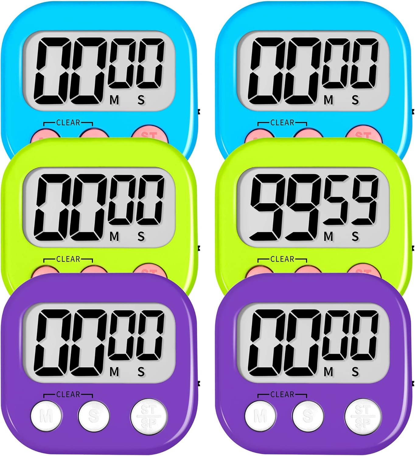 ZILLEEN 6 Pack Kitchen Timers for Cooking Digital Classroom Timers for Kids Teachers Blue Green Purple