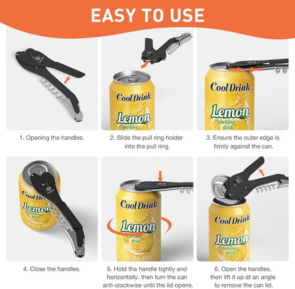 ikkle Topless Manual Soda Can Opener with Smooth Edge, 5-in-1 Multifunction Aluminum Pop-Top Can Lid Remover & Ring Pull Opener, Beer Bottle Opener, Wine Corkscrew & Foil Cutter