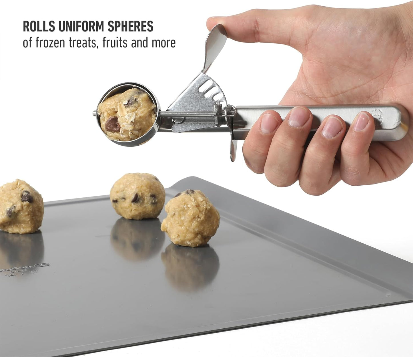 Calphalon Cookie Scoop, Stainless Steel Trigger Scoop for Cookie Dough, Ice Cream & Batter, Portion Control Kitchen Scoop with Release Mechanism, Taupe