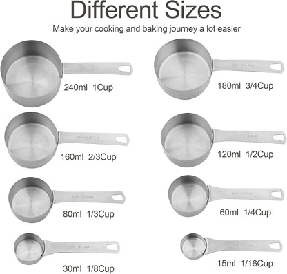 Smithcraft Measuring Cups and Spoons Set, 18/8 Stainless Steel Measuring Cups and Spoons for Kitchen & Baking, Heavy Duty Metric & US 8 Measuring cups, 9 Measuring Spoons Set