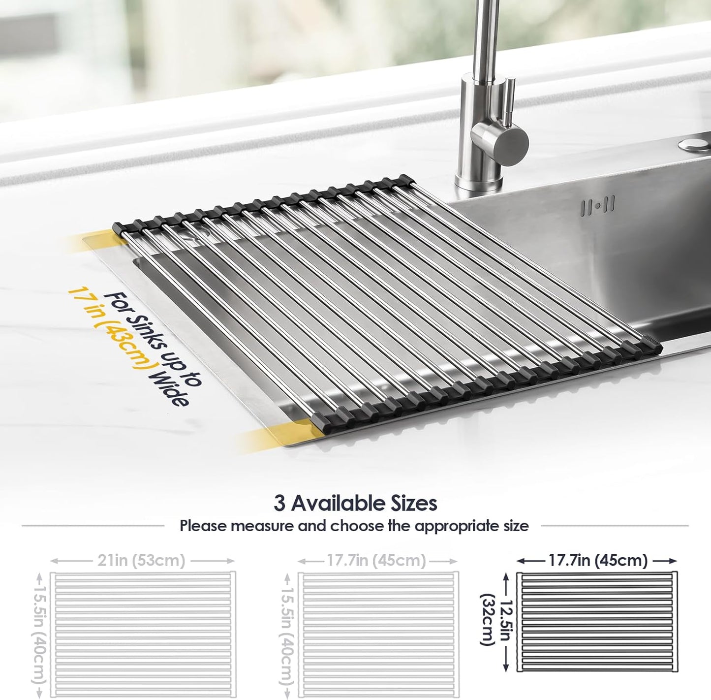 Tomorotec 17.7" x 15.5" Roll Up Dish Drying Rack Over Sink Drying Rack Sink Cover Kitchen Sink Accessories Gadget Multipurpose Organizer Foldable Stainless Steel Drainer